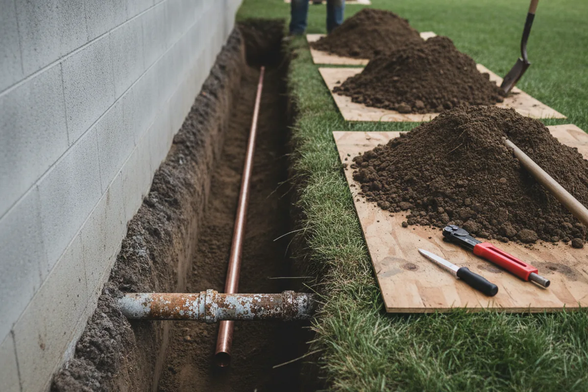 Excavated water line trench during Water Heater Repair in Bruneau